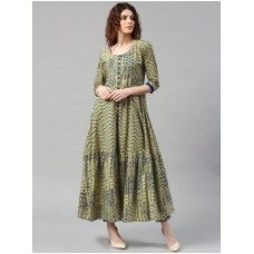 Deals, Discounts & Offers on Women Clothing - Libas Women Khaki & Navy Blue Printed Anarkali Kurta