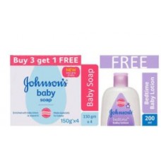 Deals, Discounts & Offers on Baby Care - Johnson's Baby Soap 150gm (Buy 3 Get 1) + Johnson's Bedtime Lotion 200 ml Free