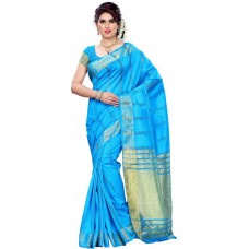 Deals, Discounts & Offers on Women Clothing - Mimosa Striped Kanjivaram Silk Saree  (Blue)