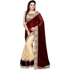 Deals, Discounts & Offers on Women Clothing - Shree Creation Embroidered Bollywood Net Saree  (Brown)