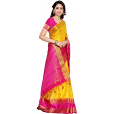 Deals, Discounts & Offers on Women Clothing - Mimosa Woven Kanjivaram Tussar Silk Saree  (Multicolor)