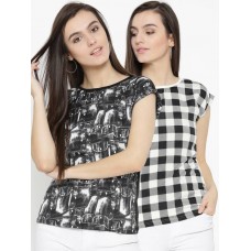 Deals, Discounts & Offers on Women Clothing - U&F Casual Half Sleeve Printed Women White, Black Top