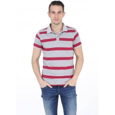 Deals, Discounts & Offers on Men Clothing - Basics Striped Men's Polo Neck Grey T-Shirt