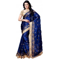 Deals, Discounts & Offers on Women Clothing - Four Seasons Embroidered Fashion Satin Saree  (Blue)