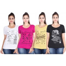 Deals, Discounts & Offers on Women Clothing - FLEXIMAA Printed Women Round Neck Multicolor T-Shirt  (Pack of 4)