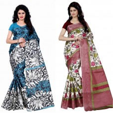 Deals, Discounts & Offers on Women Clothing - Trendz Style Animal Print, Floral Print Fashion Silk Saree  (Pack of 2, Light Blue, White)