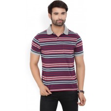 Deals, Discounts & Offers on Men Clothing - Peter England Striped Men's Polo Neck Red, Grey T-Shirt