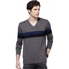 Deals, Discounts & Offers on Men Clothing - Roadster Striped V-neck Casual Men Grey Sweater