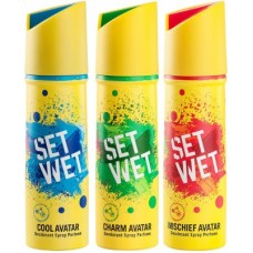Deals, Discounts & Offers on  - Set Wet Cool, Charm and Mischief Avatar Deodorant Spray Perfume Deodorant Spray - For Men(297 g, Pack of 3)