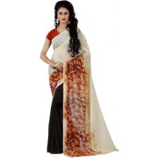 Deals, Discounts & Offers on Women - Wama Fashion Printed Daily Wear Faux Georgette Saree(Red, Brown)