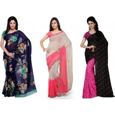 Deals, Discounts & Offers on Women Clothing - Kashvi Sarees Printed Fashion Faux Georgette Saree  (Pack of 3, Multicolor)