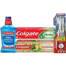 Deals, Discounts & Offers on Personal Care Appliances - Colgate Herbal Toothpaste - 200 g with Swarna Vedshakti Toothpaste - 200 g and Plax Peppermint Mouthwash - 250ml with Free Slim Soft Toothbrush