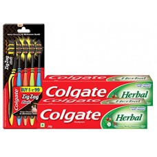 Deals, Discounts & Offers on Personal Care Appliances - Colgate Herbal Toothpaste 200 g (Pack of 2) plus Colgate ZigZag Black Medium Tooth Brush (Pack of 5)