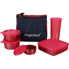 Deals, Discounts & Offers on Home & Kitchen - Polyset Magic Seal Luxur Plastic Lunch Box Set with Bag, 6-Pieces, Red