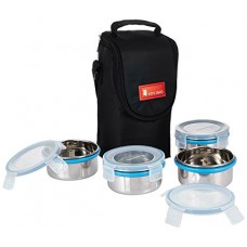 Deals, Discounts & Offers on Home & Kitchen - Amazon Brand - Solimo Stainless Steel Lunch Box Set with Bag, 300ml, 11cm Diameter, 4-Pieces, Clear Lid