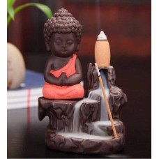 Deals, Discounts & Offers on Home Decor & Festive Needs - Orange Polyresin Monk Buddha Smoke Flow Incense Holder with 10 Free Scented Cone by Aspiration collection
