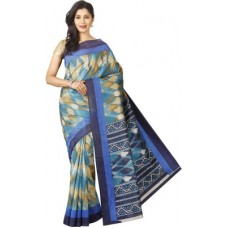 Deals, Discounts & Offers on Women - Pavechas Printed Ikkat Polycotton Saree(Blue)