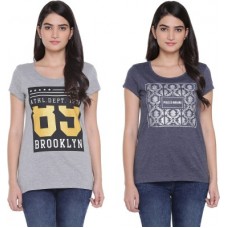 Deals, Discounts & Offers on Women - Ajile by Pantaloons Graphic Print Women's Round Neck Grey T-Shirt(Pack of 2)