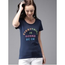 Deals, Discounts & Offers on Women - [Size S, M] HERE&NOWPrinted Women Round Neck Blue T-Shirt