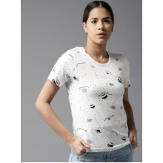 Deals, Discounts & Offers on Women - HERE&NOWPrinted Women Round Neck White T-Shirt