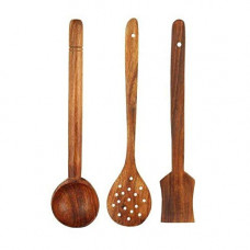 Deals, Discounts & Offers on Home & Kitchen - Macclite Woodrich Wooden Kitchen Tools Set of 3 pc(Laddle, Skimmer, Turnner), Brown