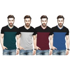 Deals, Discounts & Offers on Men - Tripr Color block Men V-neck Multicolor T-Shirt(Pack of 4)
