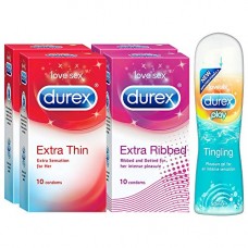 Deals, Discounts & Offers on Sexual Welness - Durex Pleasure Packs (Condoms - 10 Count (Pack of 2, Extra Thin), Condoms - 10 Count (Pack of 2, Extra Ribbed), Pleasure Gel - 50 ml (Tingle))