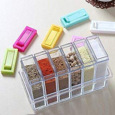Deals, Discounts & Offers on  - MTR Spice Jars Dispenser Masala Rack Easy Flow Storage Crystal Seasoning Box (10x17x7cm, Multicolour) - Set of 6