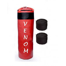 Deals, Discounts & Offers on  - VENOM 3.0 ft Long SRF Material Punching Bag with Hanging Straps and 9 Feet Hand Wrap Pair (Red and Black)