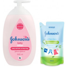 Deals, Discounts & Offers on Baby Care - Johnson's Baby Lotion 500ml Pump Pack with Baby Laundry Detergent Active Clean 500ml(White)