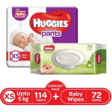 Deals, Discounts & Offers on Baby Care - Huggies Wonder Pants Diapers (114 count) and Baby Wipes (72 Count) Combo Pack - XS(186 Pieces)
