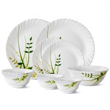 Deals, Discounts & Offers on Home & Kitchen - Larah by Borosil Green Herbs Glass Dinnerware Set, 9-Pieces, White