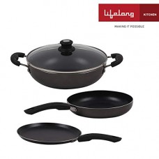 Deals, Discounts & Offers on Home & Kitchen - Lifelong Popular Non-Stick Cookware Set, 3-Pieces, Black/Grey