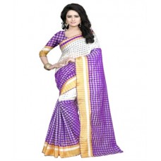 Deals, Discounts & Offers on Women - SareeOperaCheckered Bollywood Polycotton Saree(White, Purple)