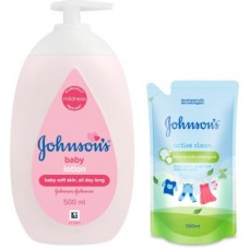 Deals, Discounts & Offers on Baby Care - Johnson's Baby Lotion 500ml Pump Pack with Baby Laundry Detergent Active Clean 500ml(White)