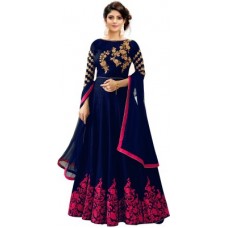 Deals, Discounts & Offers on Women - Trilok FabEmbroidered Fentam Silk Semi Stitched Anarkali Gown(Dark Blue)