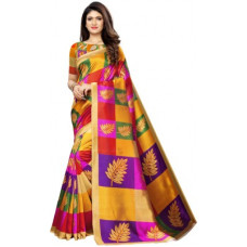Deals, Discounts & Offers on Women - SamahPrinted, Geometric Print Kanjivaram Poly Silk, Cotton Silk Saree(Multicolor, Purple, Yellow)