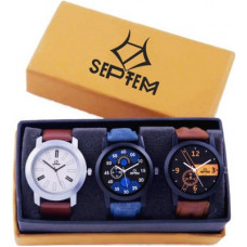 Deals, Discounts & Offers on Watches & Wallets - Septem Combo Of Three Stylish Leather Strap Fashionable Analog Watch - For Men