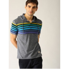 Deals, Discounts & Offers on Men - [Size XL, XXL] United Colors of BenettonStriped Men Hooded Neck Grey T-Shirt