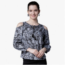 Deals, Discounts & Offers on Laptops - [Size S, M, L, XL] Tokyo TalkiesCasual Cold Shoulder Printed Women White, Black Top