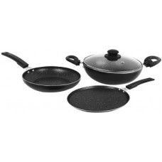 Deals, Discounts & Offers on Cookware - Flipkart SmartBuy Splatter Finish Cookware Set of 3 - Non Induction Bottom - Black(Aluminium, 3 - Piece)