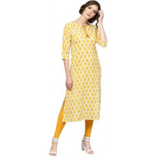 Deals, Discounts & Offers on Women - GeruaWomen Floral Print Cotton Blend Straight Kurta(Yellow)