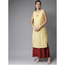 Deals, Discounts & Offers on  - [Size S] HERE&NOWWomen Printed Pure Cotton Straight Kurta(Yellow)