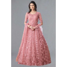 Deals, Discounts & Offers on Women - Embroidered Net Semi Stitched Anarkali Gown  (Pink)