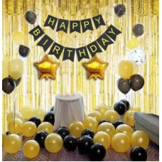 Deals, Discounts & Offers on Baby Care - Crozier Happy Birthday Banner with 1 Golden Shiny Curtain Plus 2 Gold Star Foil Balloon with Combo pack of 20 Golden and Black metallic balloon set