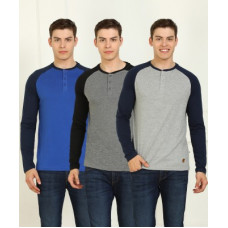 Deals, Discounts & Offers on  - [Size M, L] BillionColor Block Men Henley Neck Multicolor T-Shirt(Pack of 3)