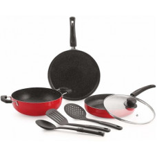Deals, Discounts & Offers on Cookware - NIRLON Kitchen Accessories For Cooking Non Stick Aluminium 7 Pieces Rubey cookware Set, Red Cookware Set(Aluminium, PTFE (Non-stick), Glass, 7 - Piece)