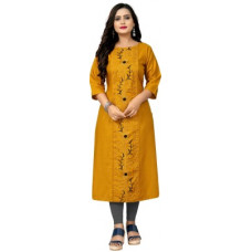 Deals, Discounts & Offers on  - [Size M, L, XL, XXL, XXXL, XXXXL] HetsaWomen Embroidered Cotton Blend Straight Kurta(Yellow)