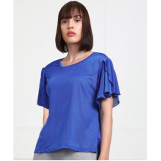 Deals, Discounts & Offers on Laptops - [Size S, M] PROVOGUECasual Petal Sleeves Self Design Women Blue Top