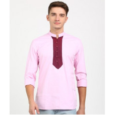 Deals, Discounts & Offers on  - [Size S] British ClubMen Color Block Pure Cotton Straight Kurta(Pink)